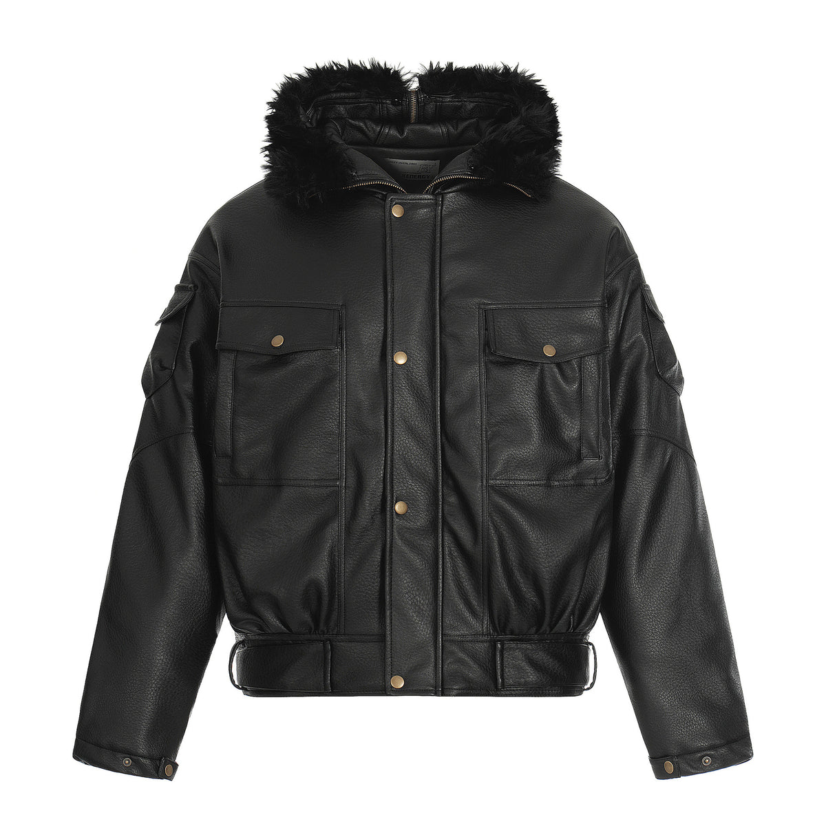 Hooded padded faux leather zip-up jacket