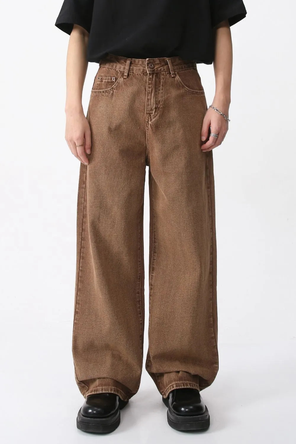 Taupe Cotton Wide-Leg Jeans