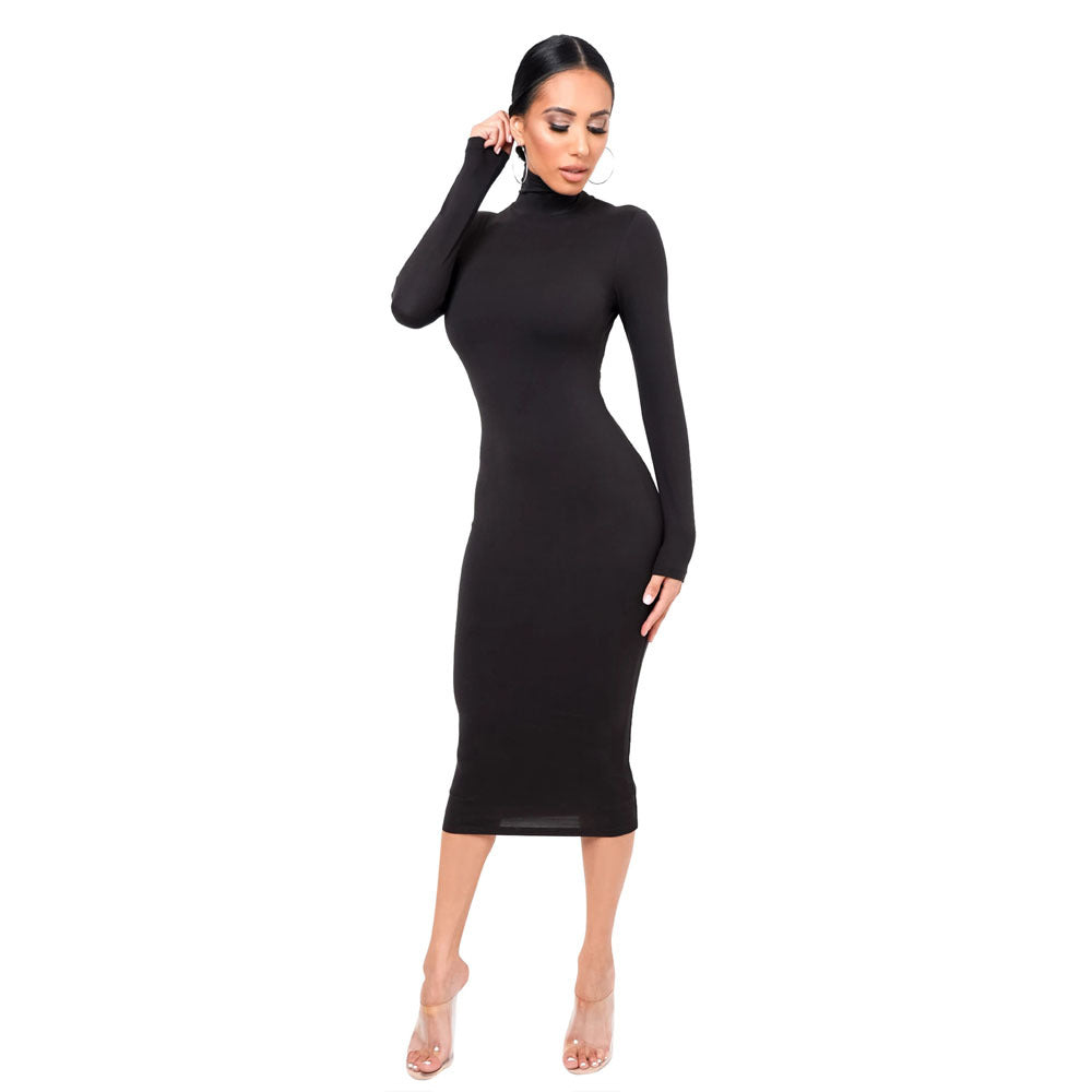 Image of Vestido midi entallado de cuello redondo para mujer