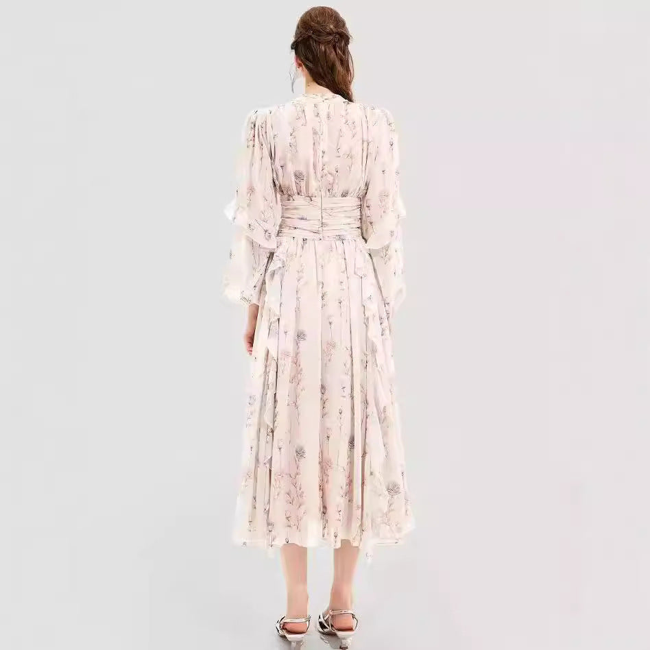 Image of Vestido largo de gasa con volantes en color albaricoque para mujer