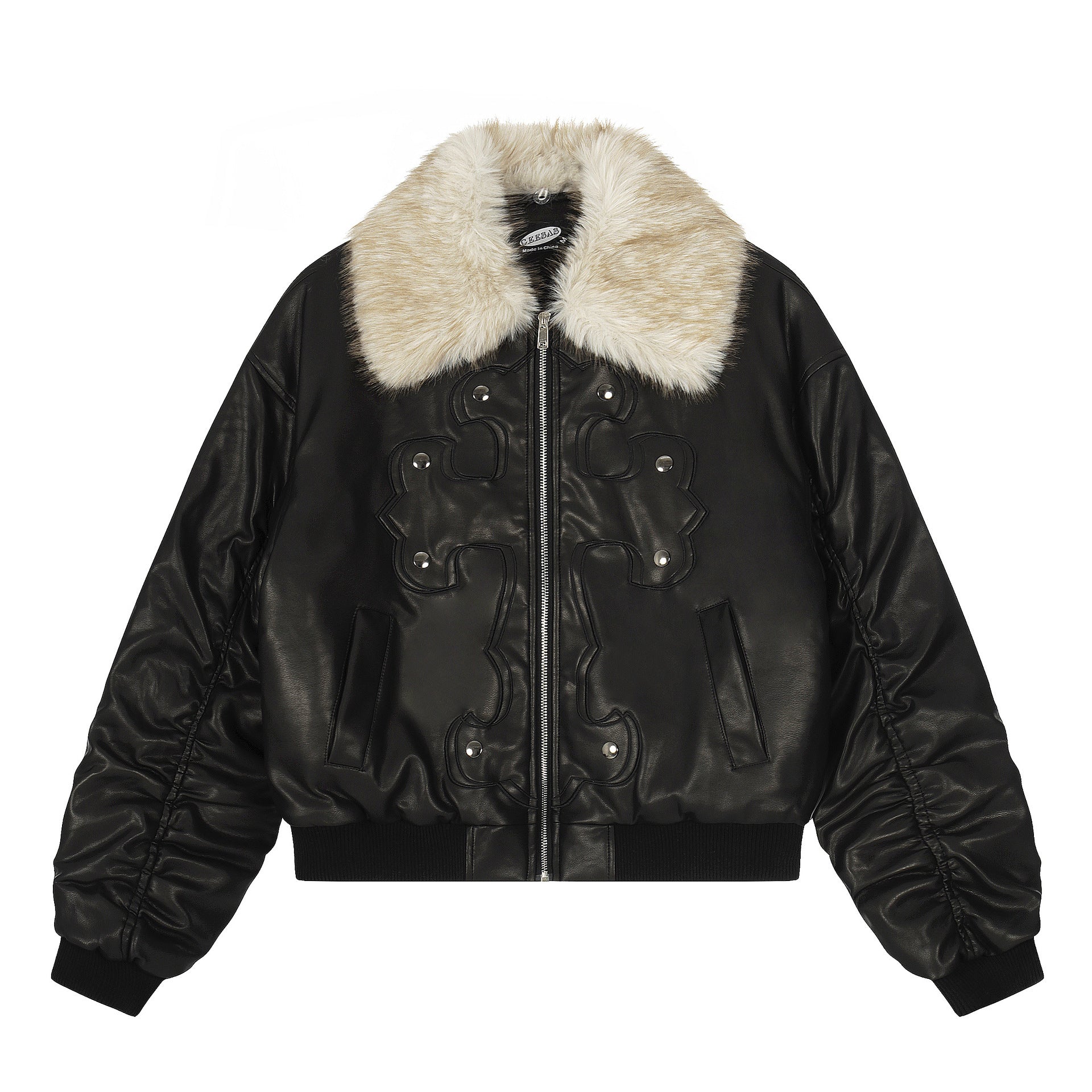 Image of Women's faux fur collar polyester zip-up jacket