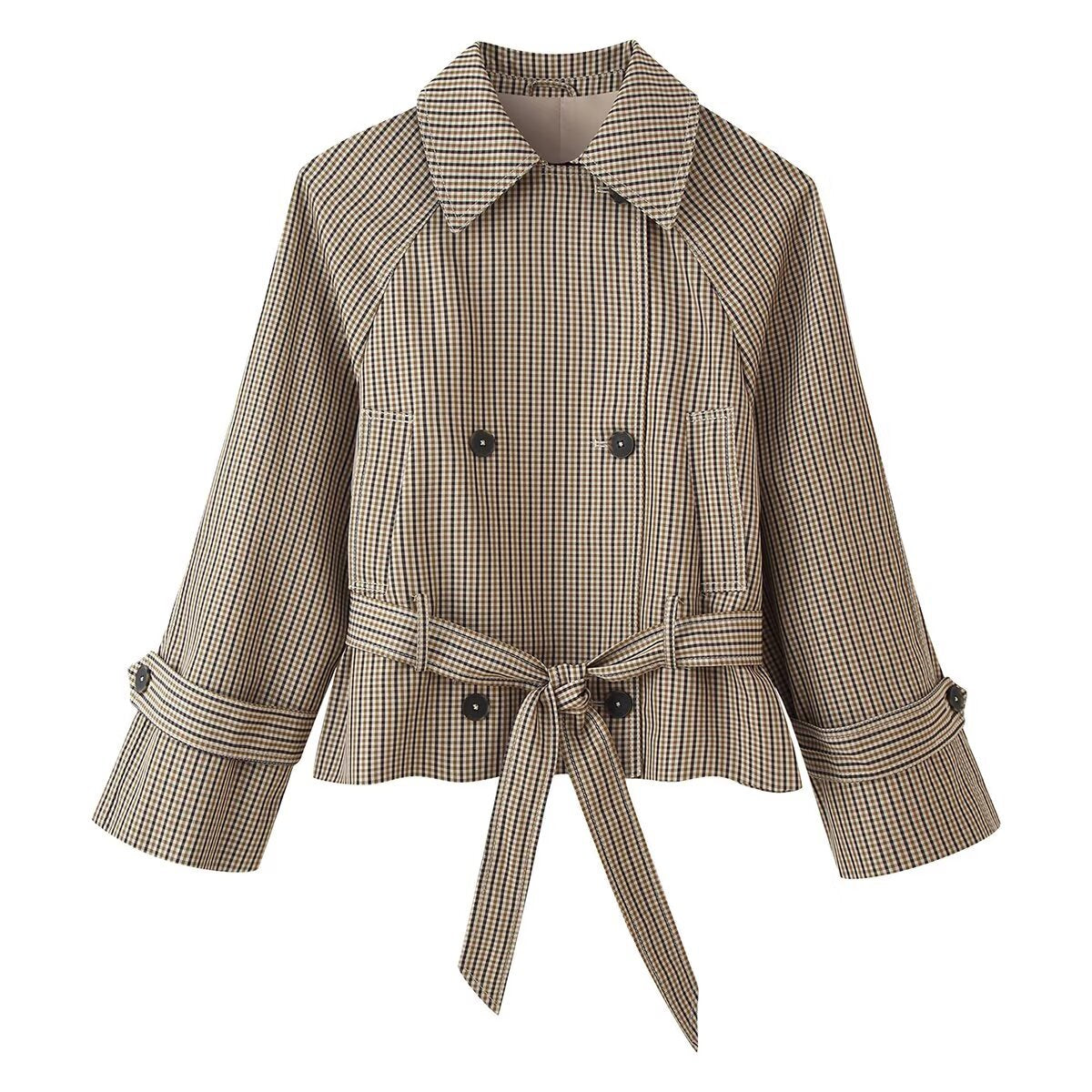 Image of Zeratta Women's belted brown plaid double-breasted trench coat