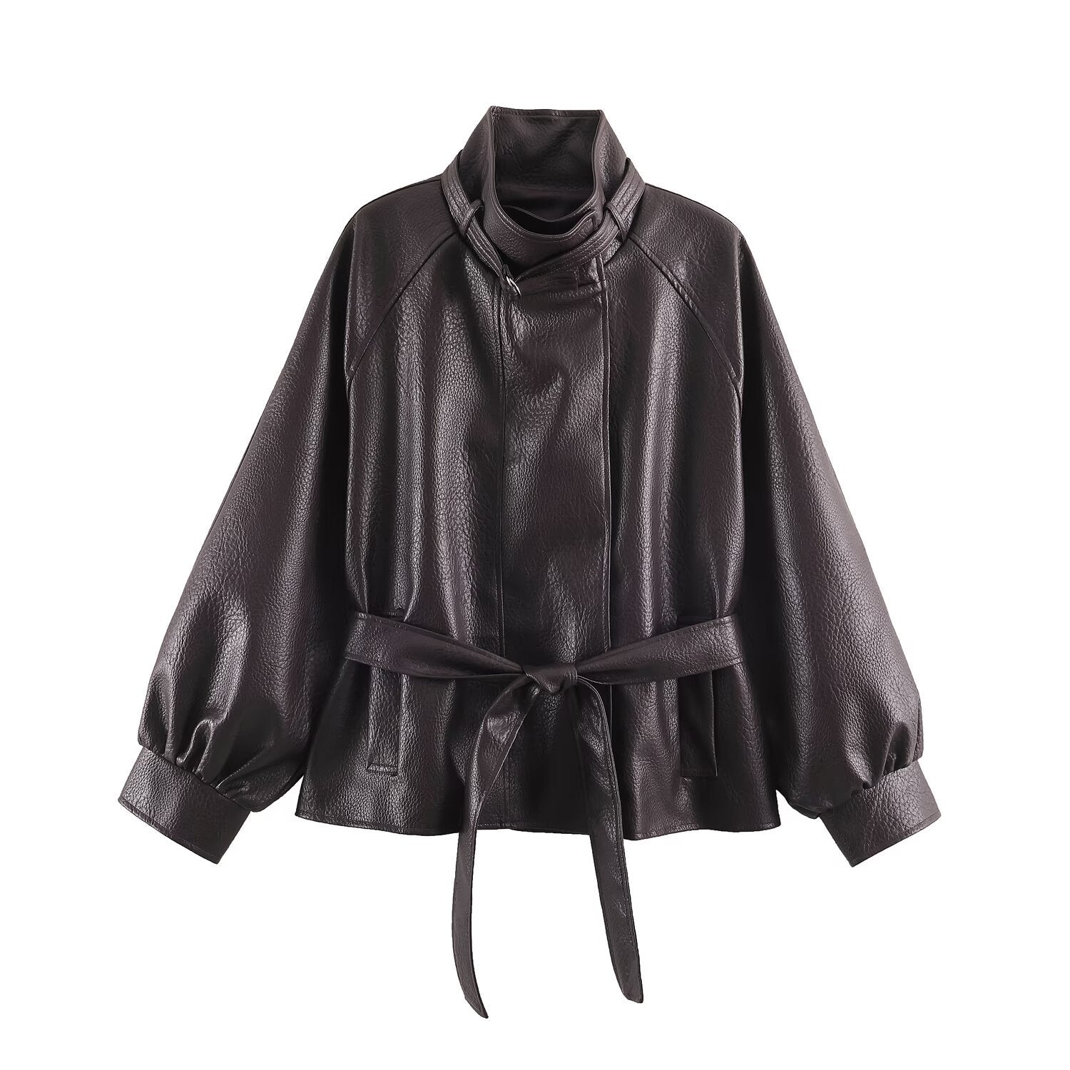 Image of Zeratta Dark brown belted faux leather jacket