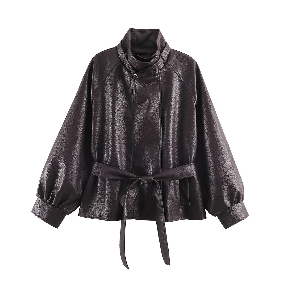 Dark brown belted faux leather jacket