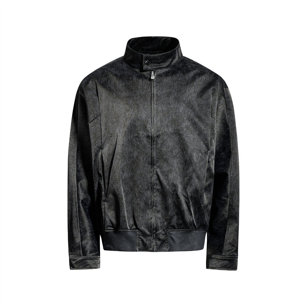 Image of Loose fit stand collar faux leather zip-up jacket