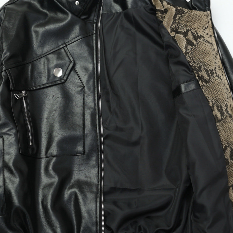 Image of Colorblock faux leather biker-style zip-up jacket