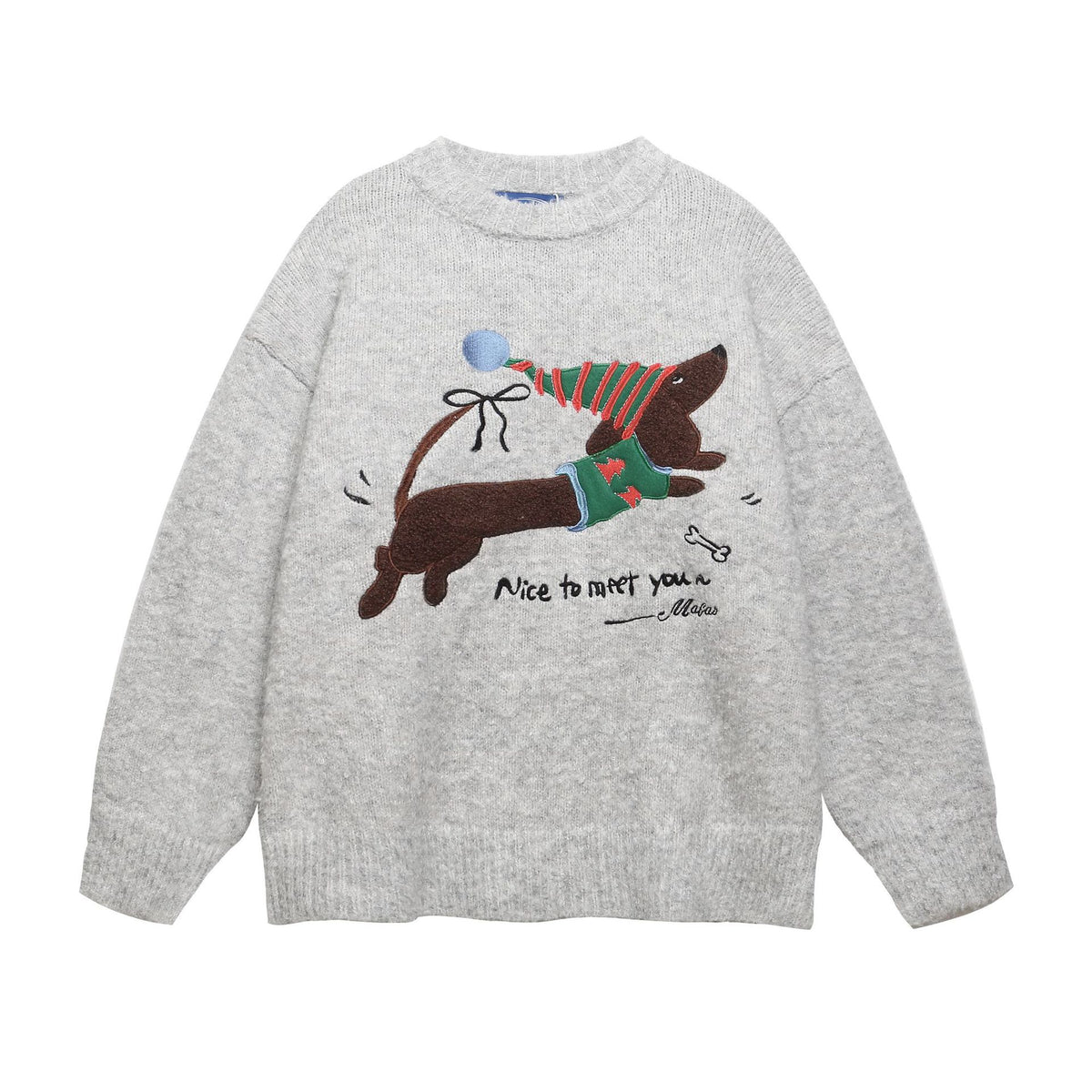 Suéter navideño con estampado de perro salchicha gris