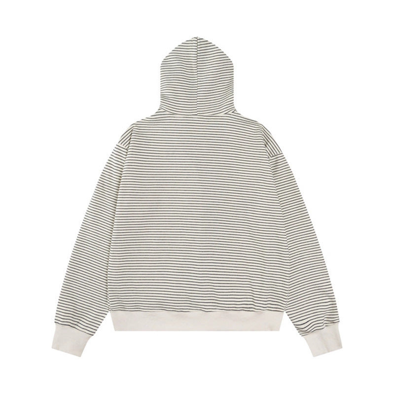 Image of Women's striped detachable fur collar zip-up hoodie