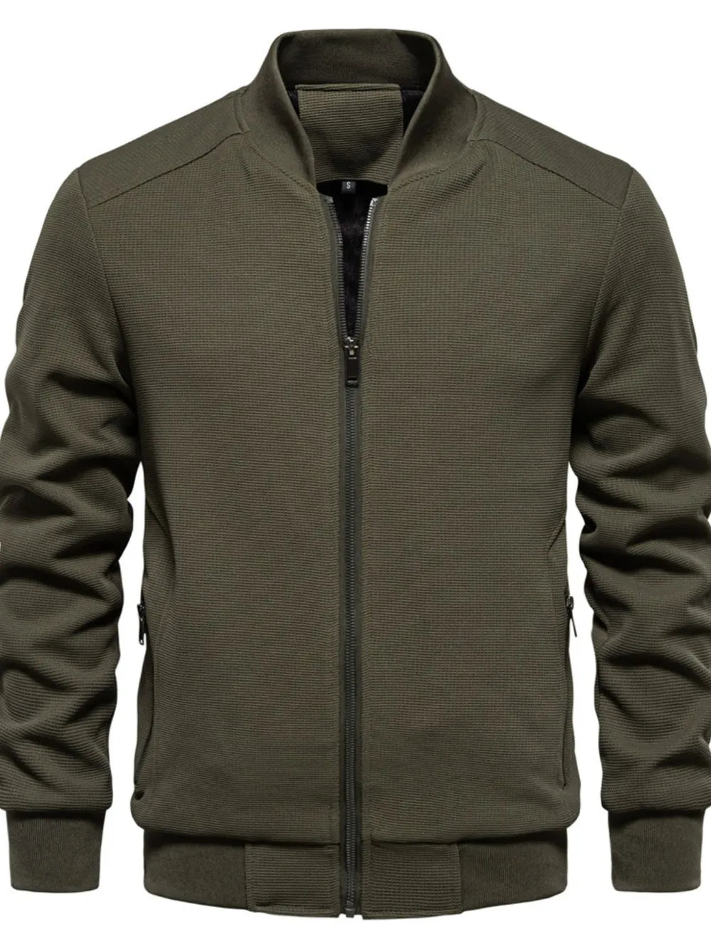 Image of Men's waffle knit baseball collar zip-up jacket
