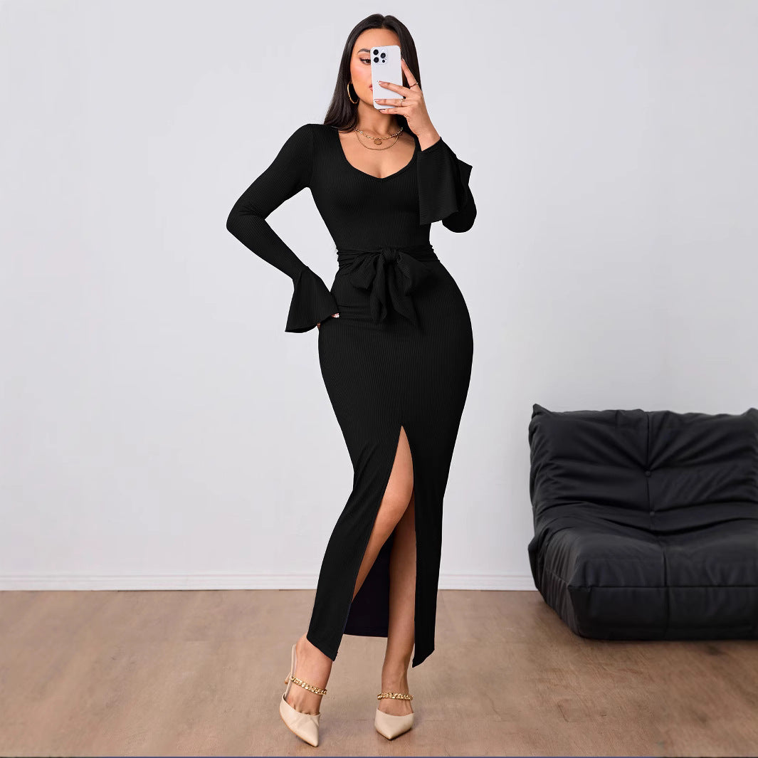 Image of Vestido largo con cuello en V y cordones para mujer