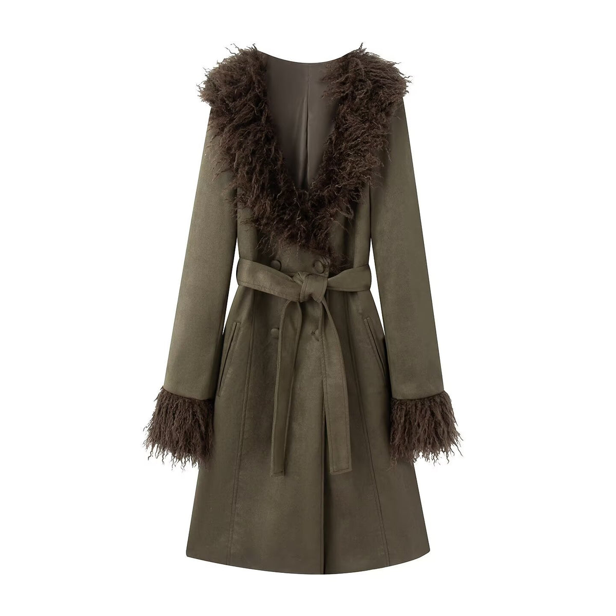 Zeratta Women's faux fur lapel double-breasted trench coat