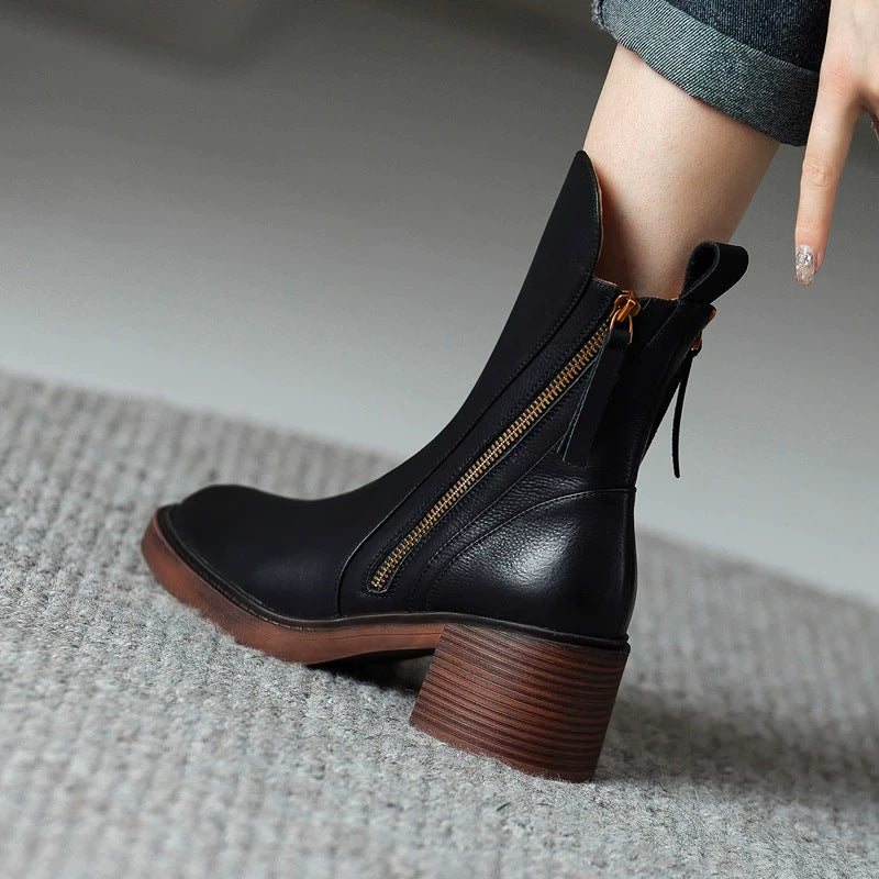 Women's double zip chunky heel microfiber ankle boots