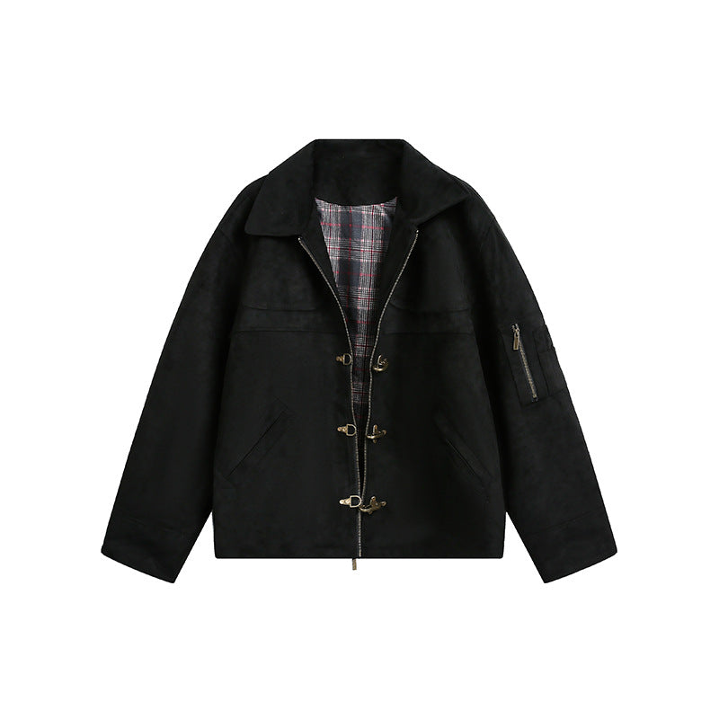 Image of Chaqueta unisex vintage de poliéster con botones a presión y efecto desgastado