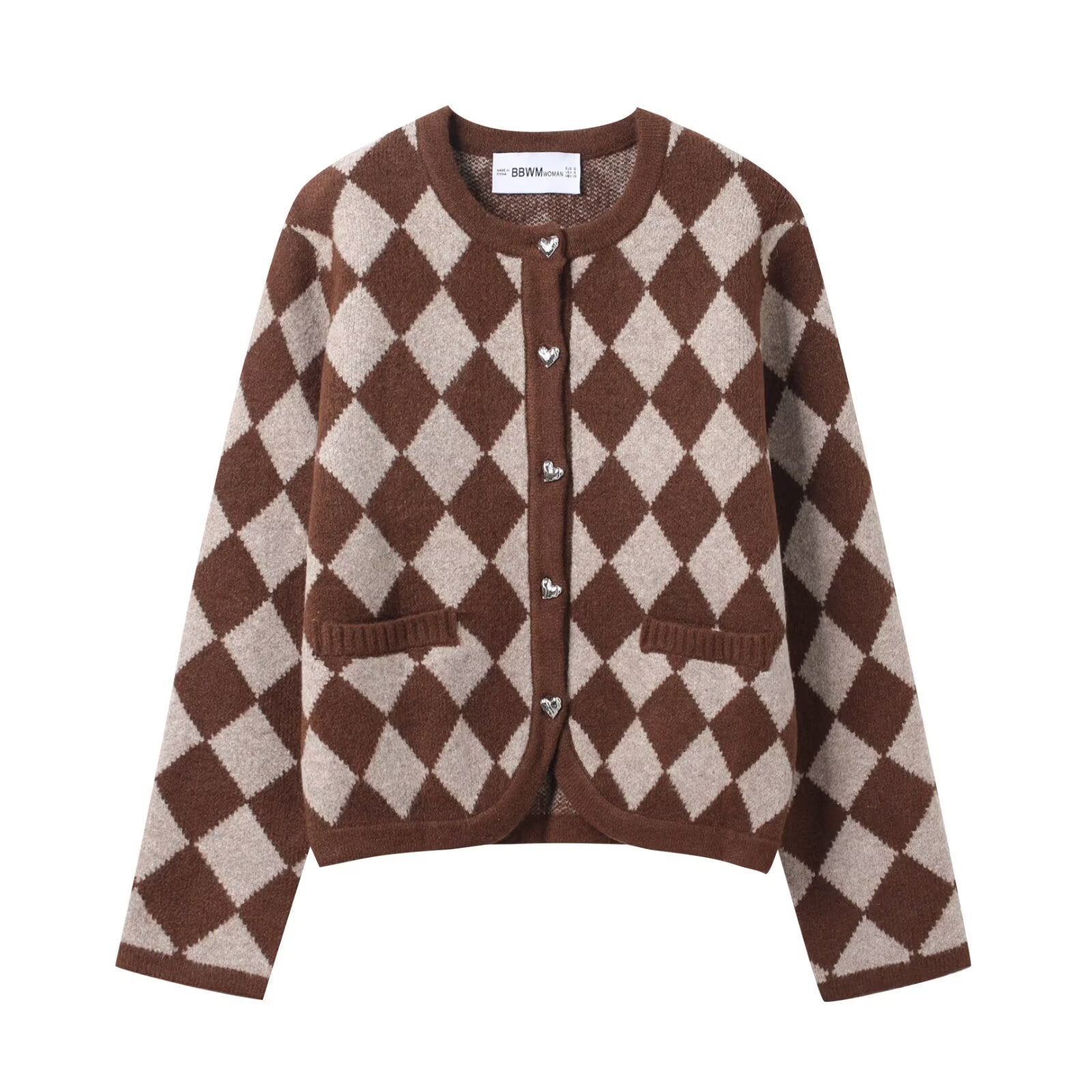 Image of Brown diamond jacquard button-front knit cardigan