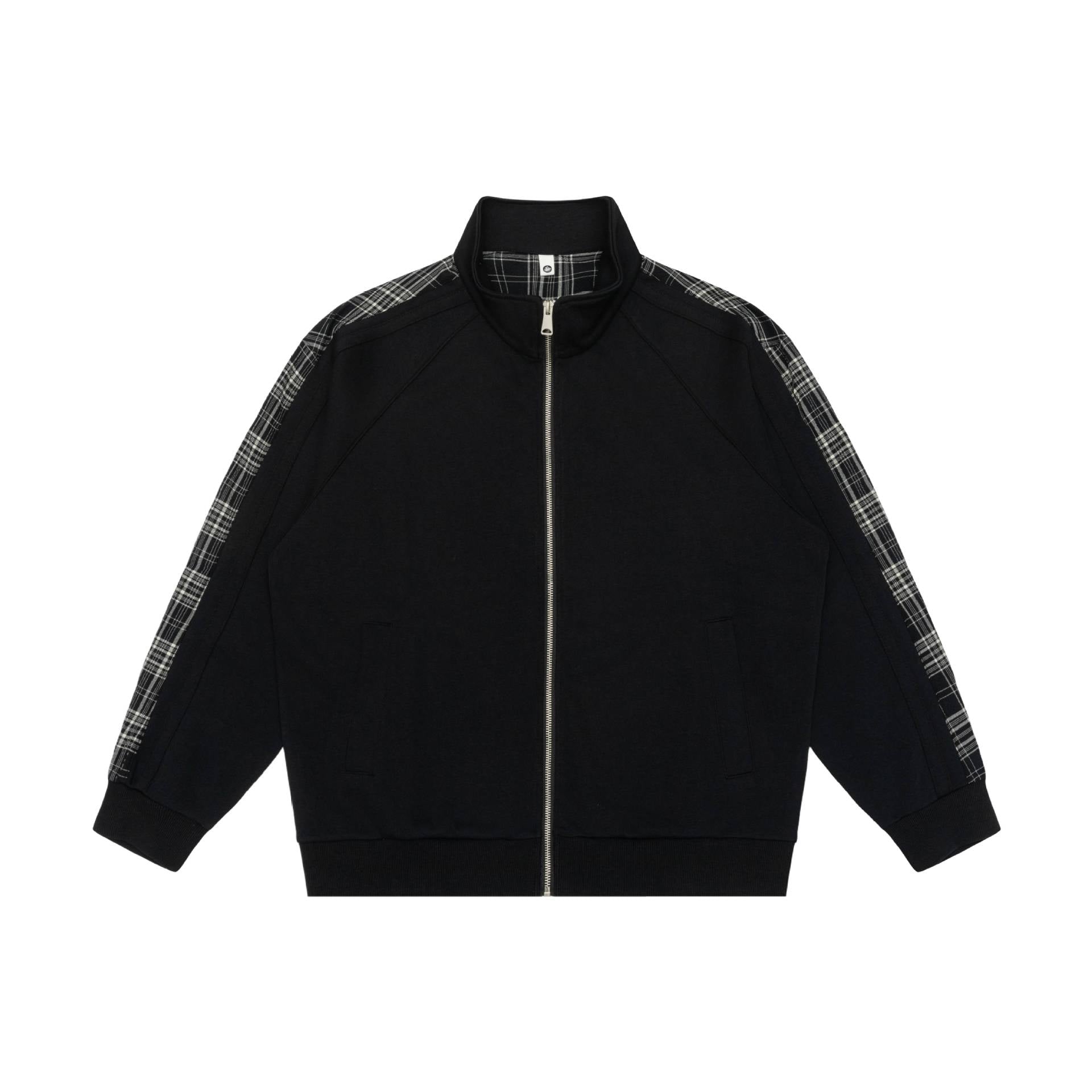 Image of Zeratta Plaid patchwork stand collar zip-up hoodie