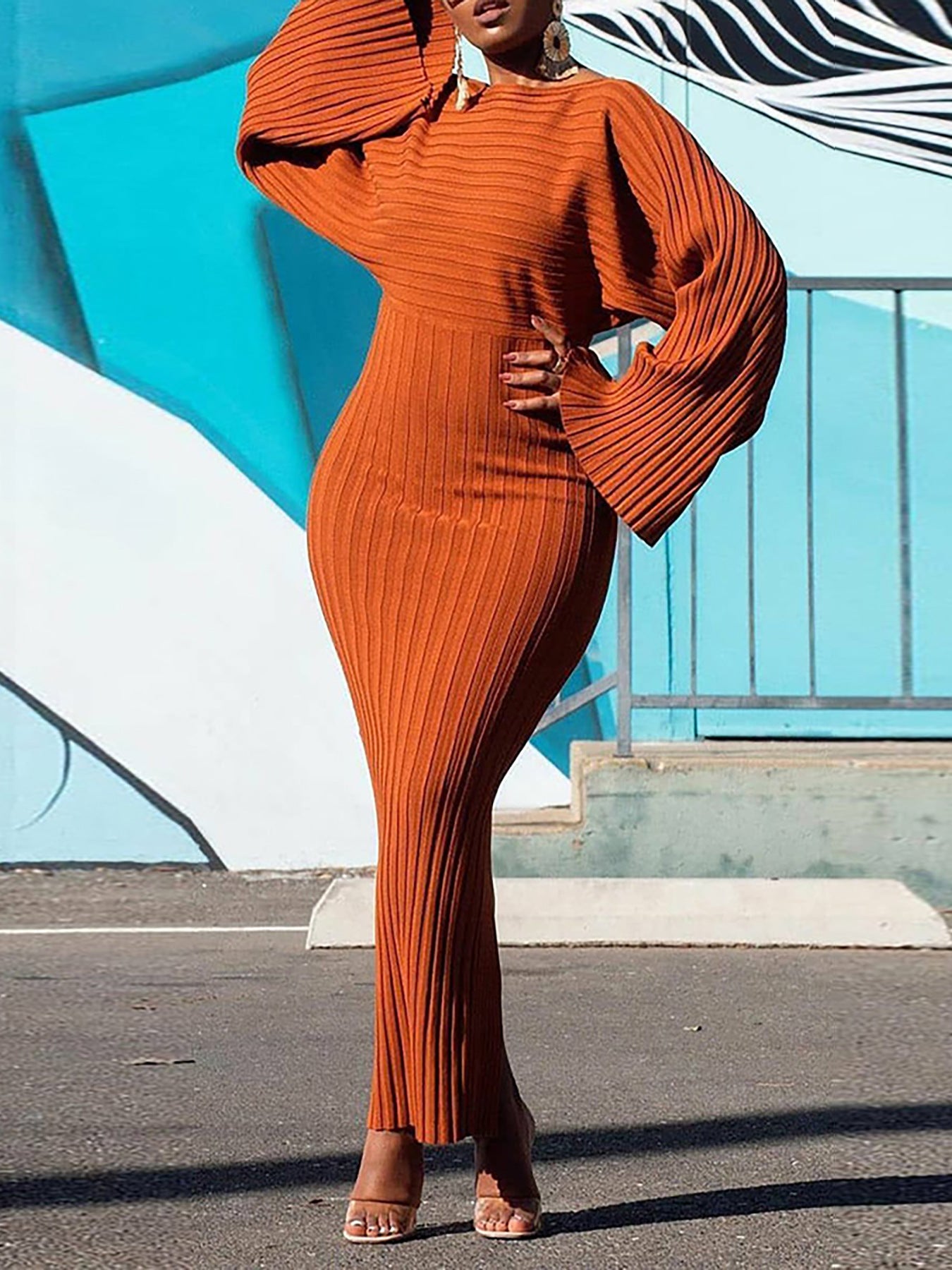 Image of Vestido largo asimétrico de canalé para mujer