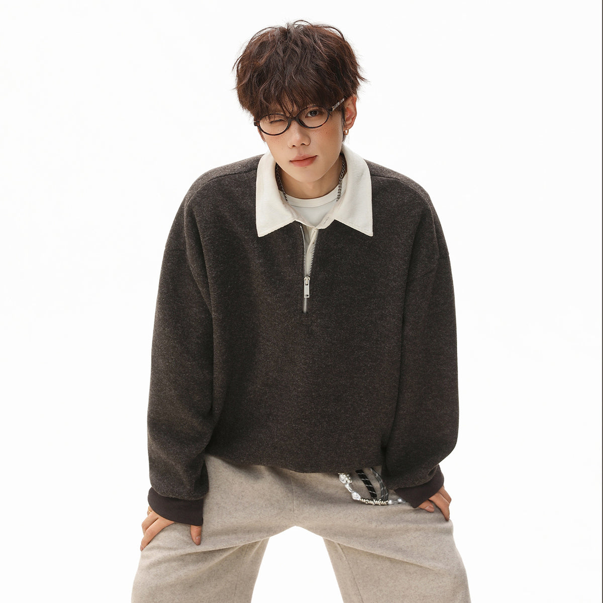 Men's faux two-piece heavy textured zip-up hoodie