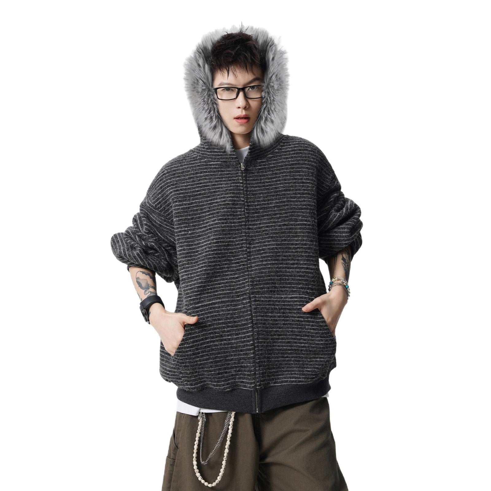 Image of Unisex retro striped polyester zip-up hoodie