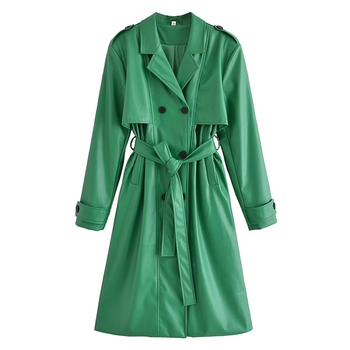 Trench coat de mujer de piel sintética con doble botonadura y cinturón