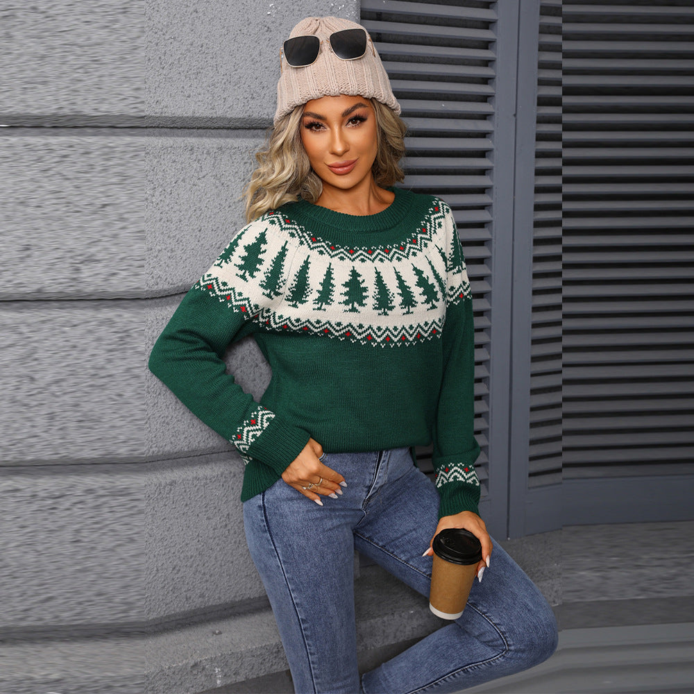 Women's green Christmas tree jacquard sweater