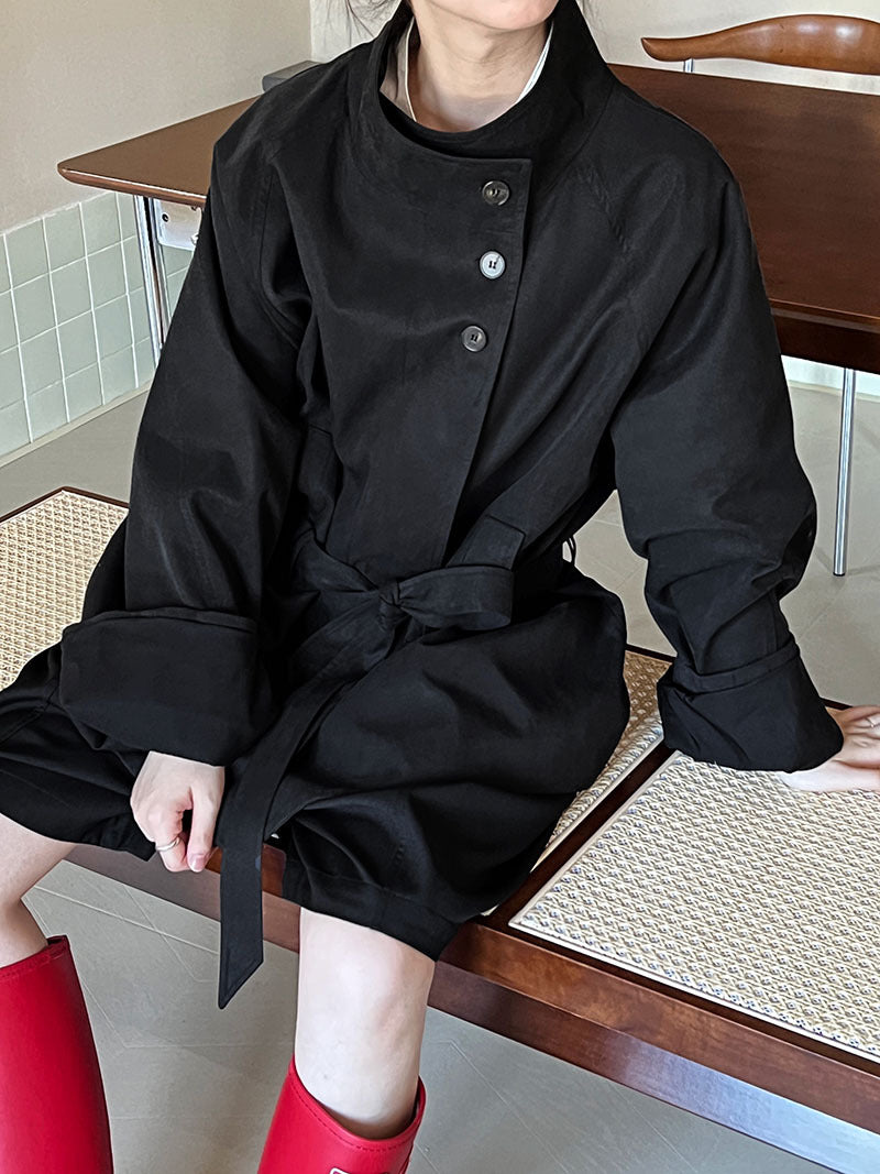 Women's lace-up stand collar short trench coat