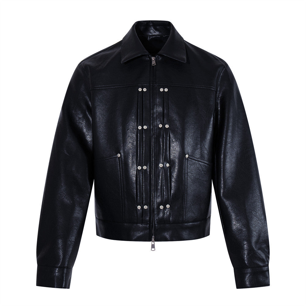 Black stand collar faux leather biker jacket