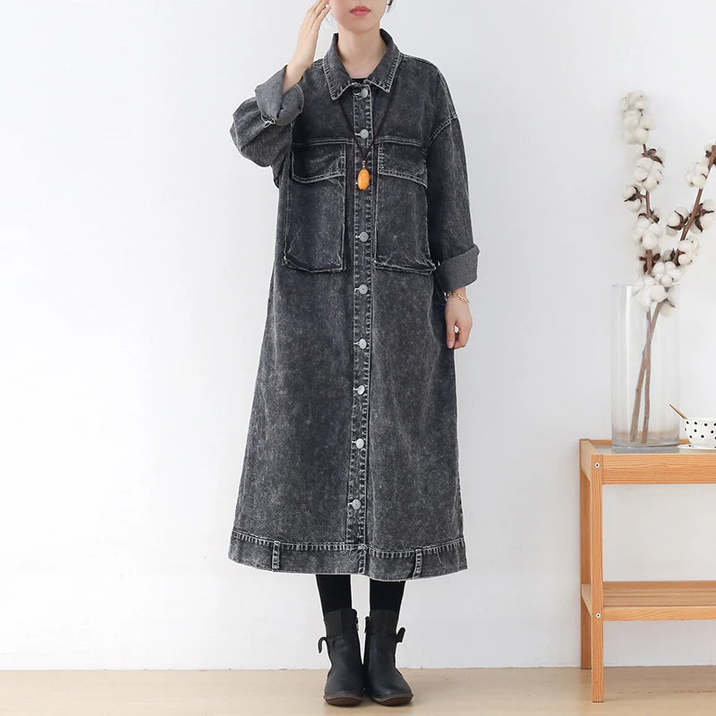 Image of Zeratta Women's gray washed denim-look long trench coat
