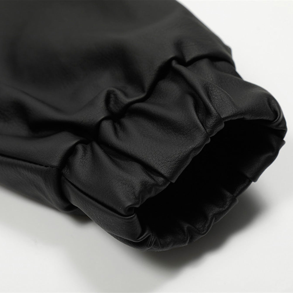 Image of Black mid-length faux leather zip-up jacket