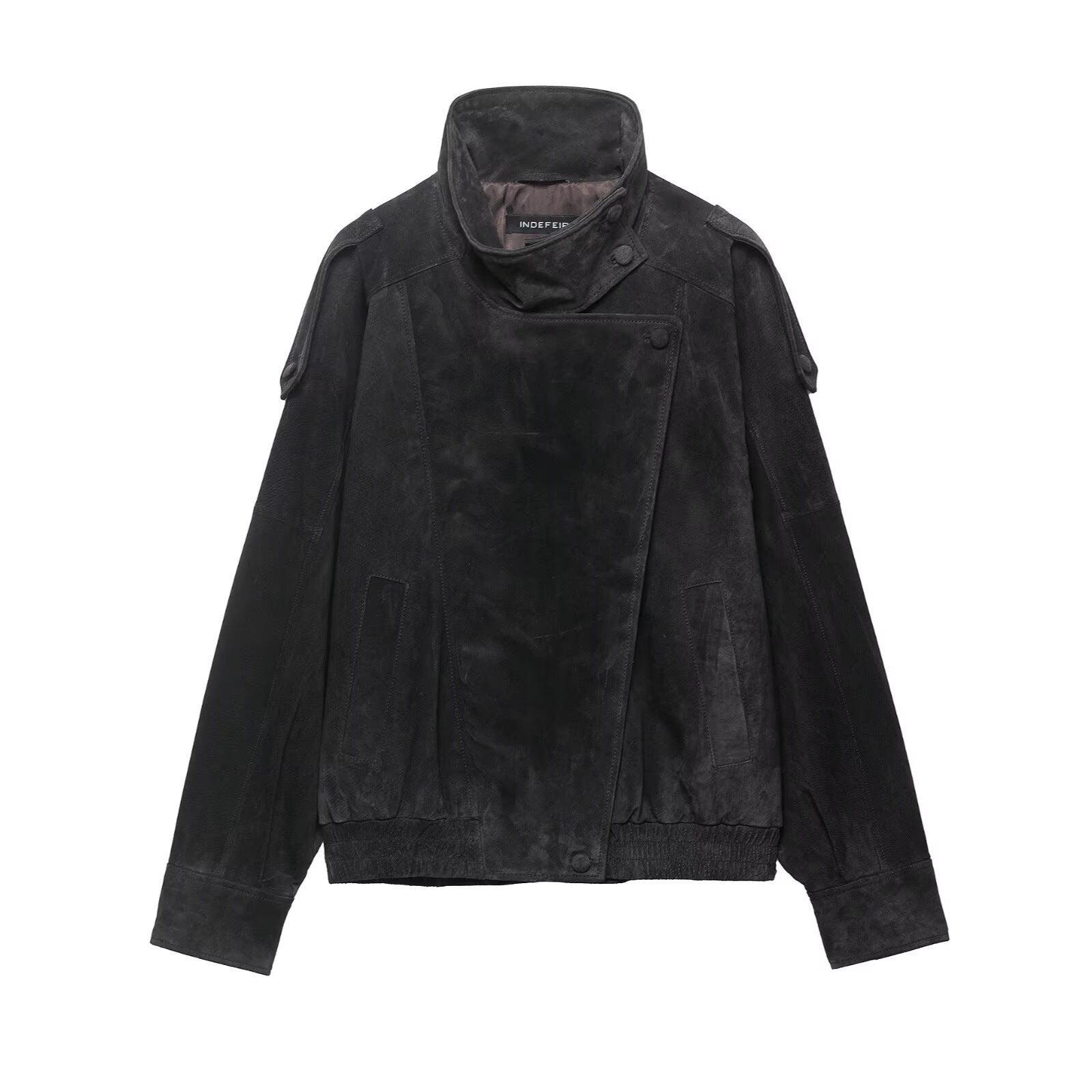 Image of Chaqueta estilo motero con cremallera y textura en marrón oscuro