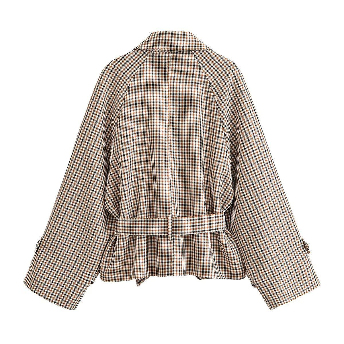 Image of Chaqueta corta estilo trench de cuadros con cordones para mujer