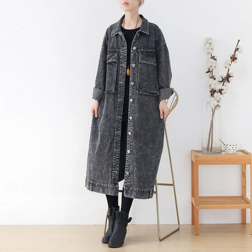 Women's gray washed denim-look long trench coat