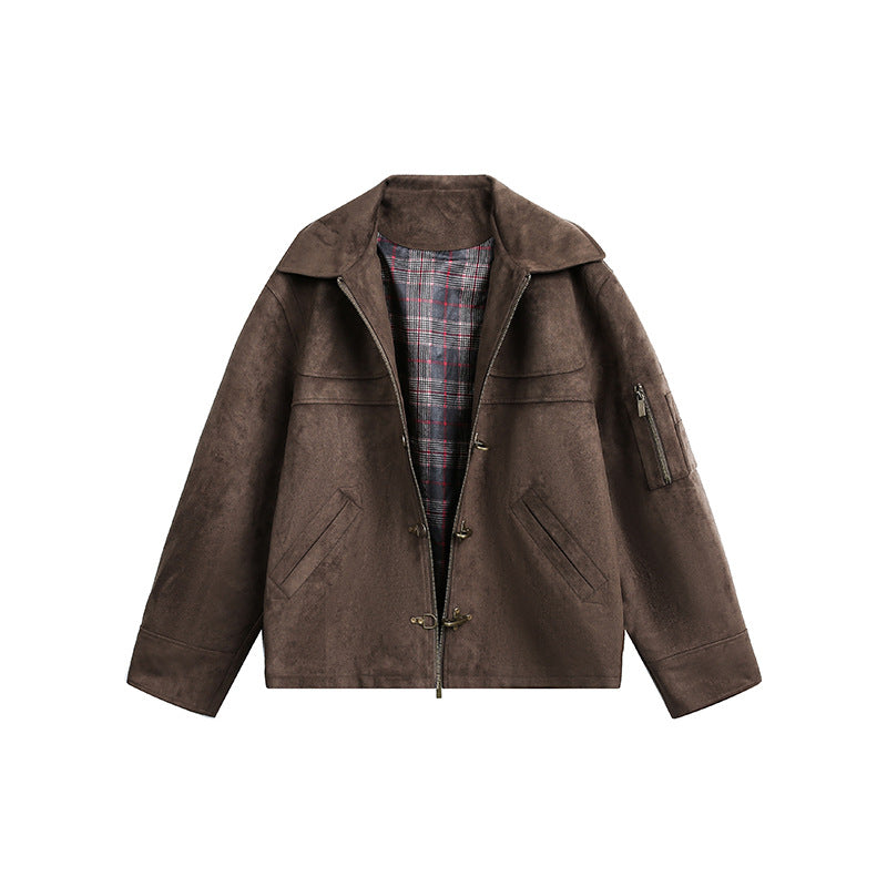 Image of Chaqueta unisex vintage de poliéster con botones a presión y efecto desgastado