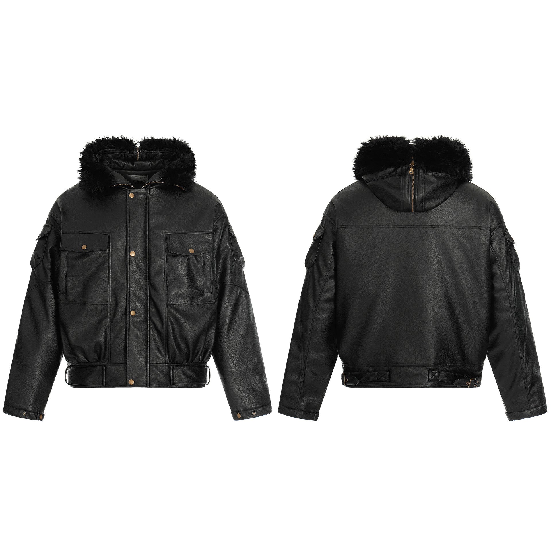 Image of Hooded padded faux leather zip-up jacket