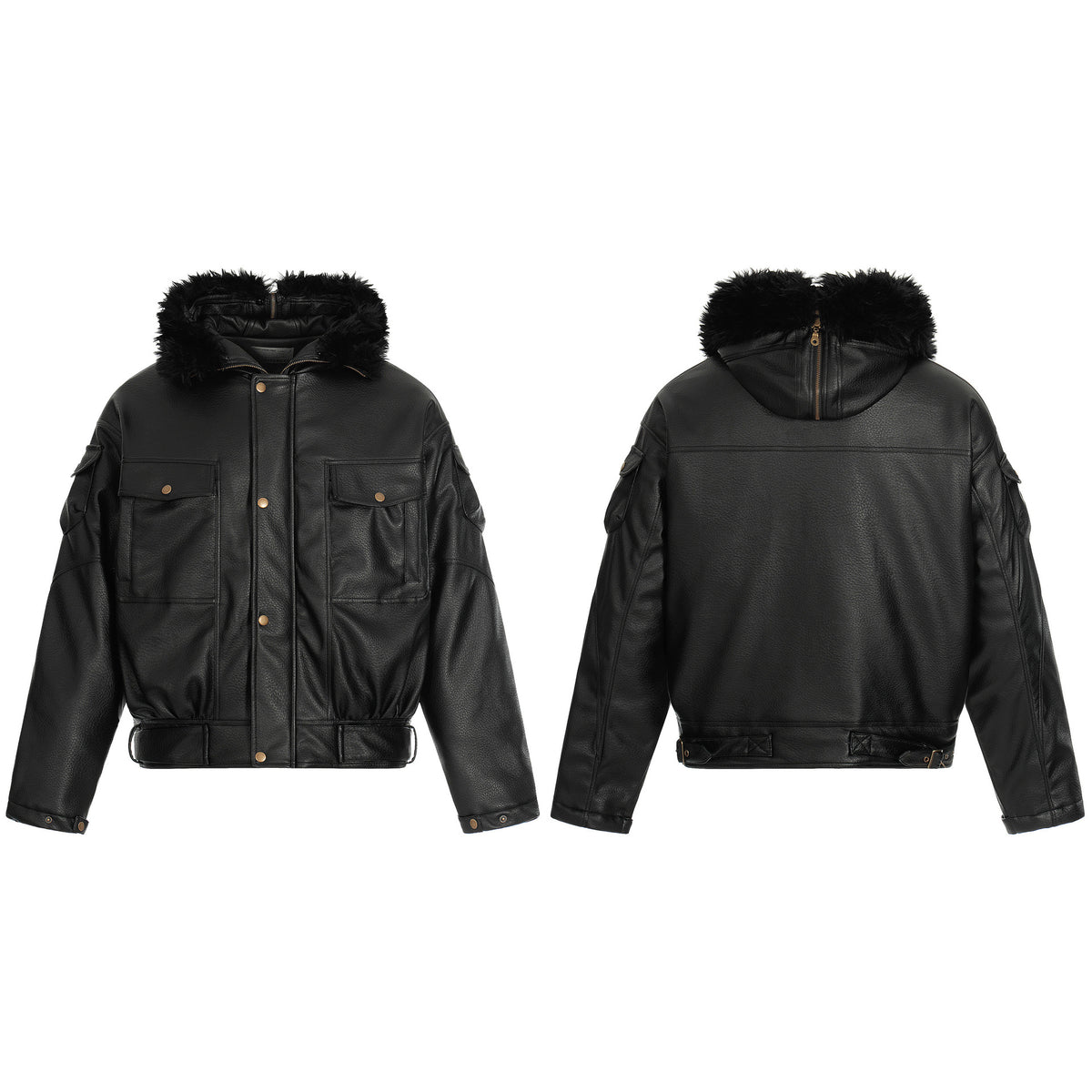 Hooded padded faux leather zip-up jacket