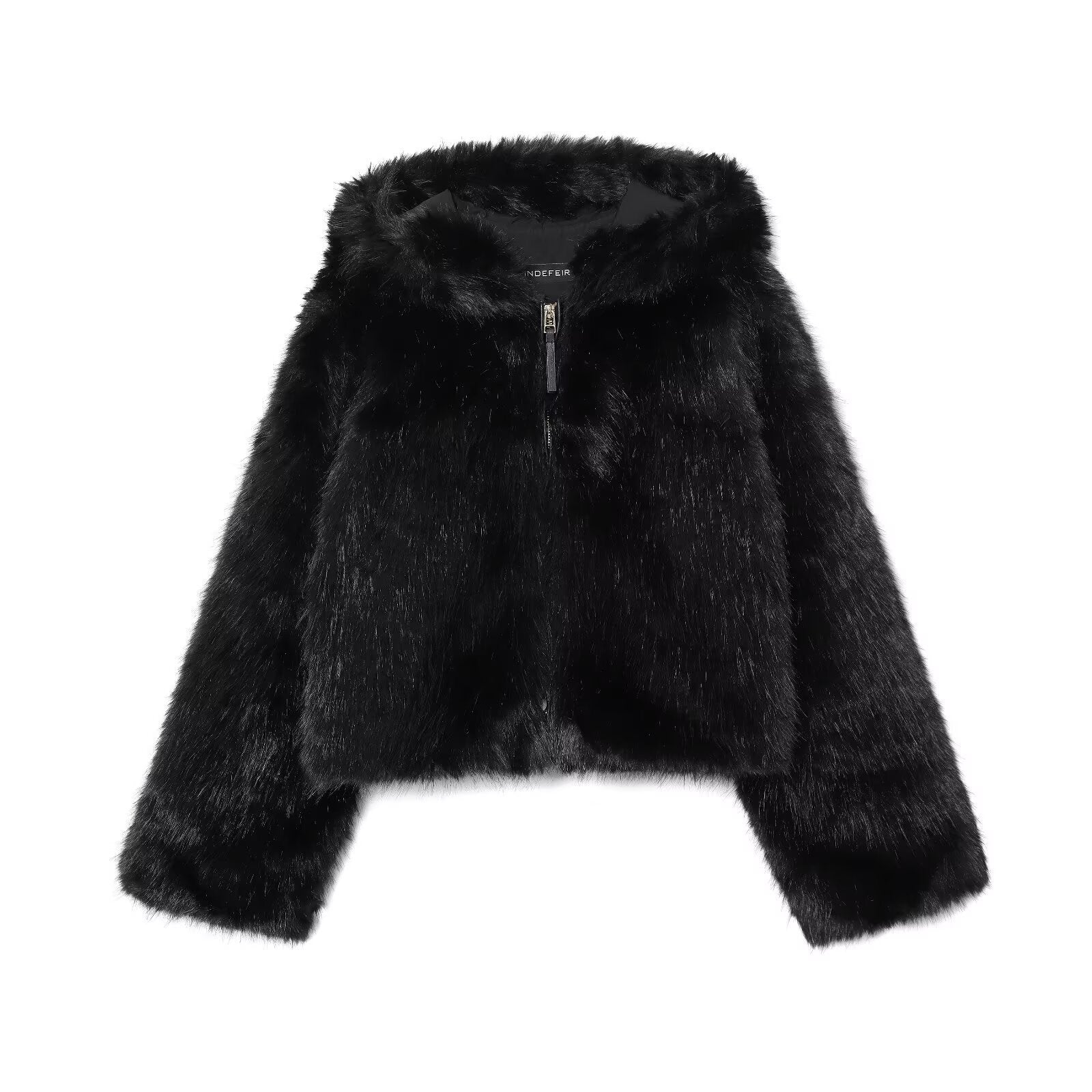 Image of Zeratta Black hooded fur-effect zip-up jacket