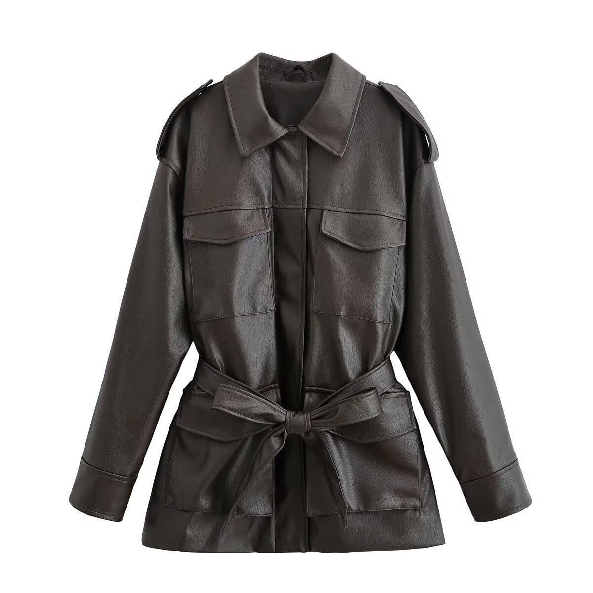 Women's belted two-tone faux leather jacket