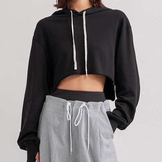 Image of Women's raw-edge cropped cotton pullover hoodie, additional variant view 3