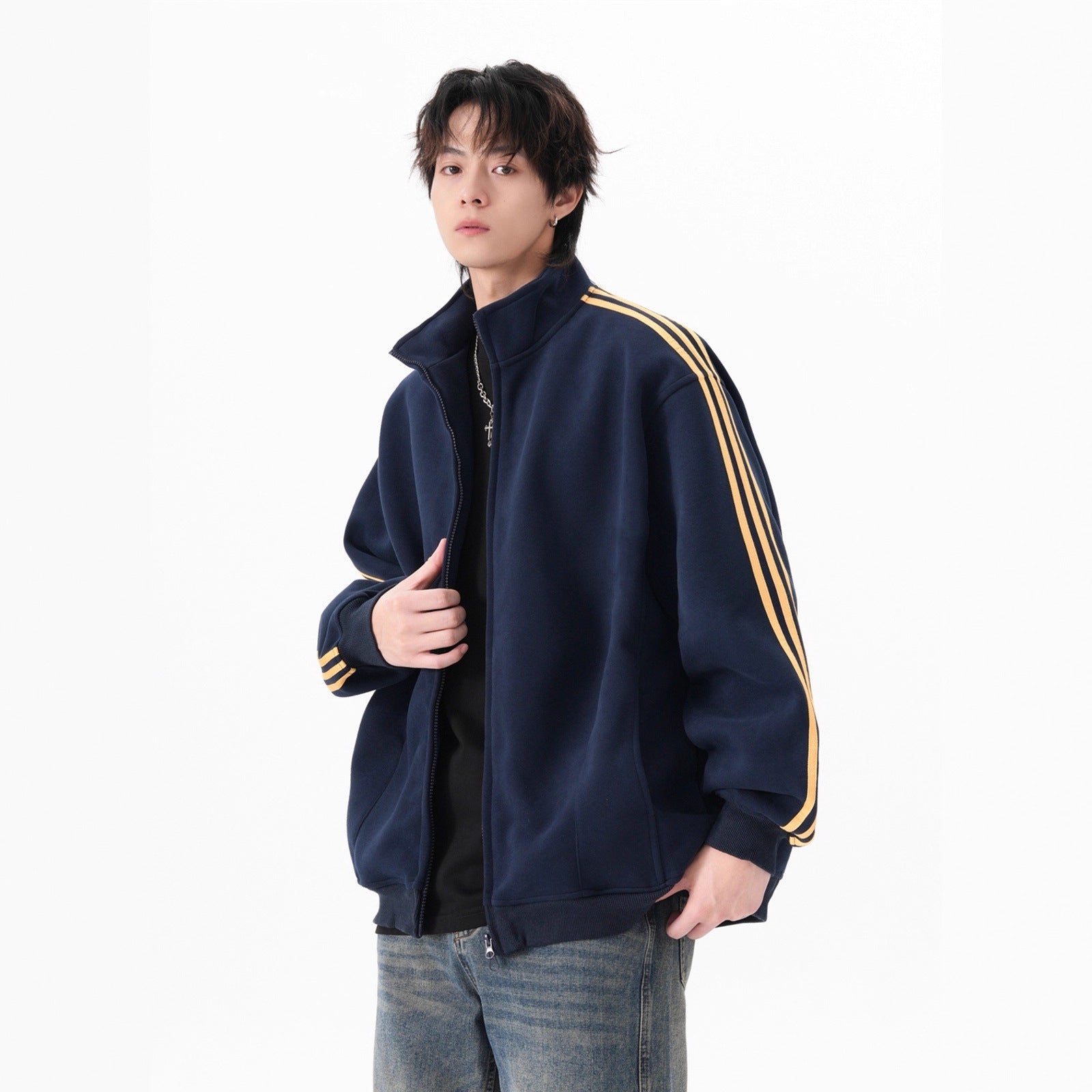 Image of Men's three-stripe stand collar zip-up sweatshirt