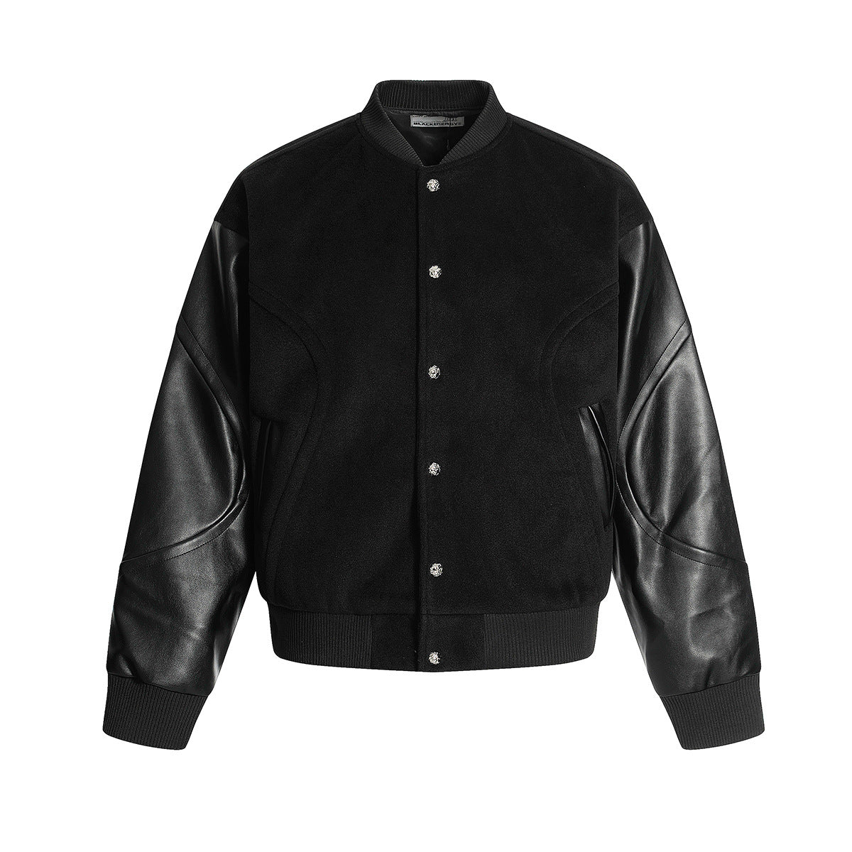 Black relaxed fit button-front baseball jacket