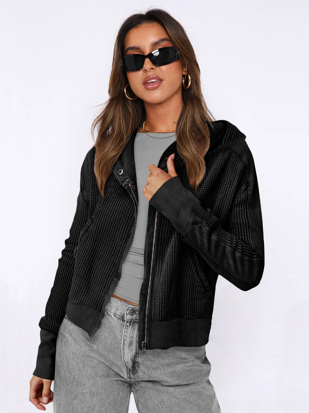 Women's colorblock waffle knit zip-up jacket