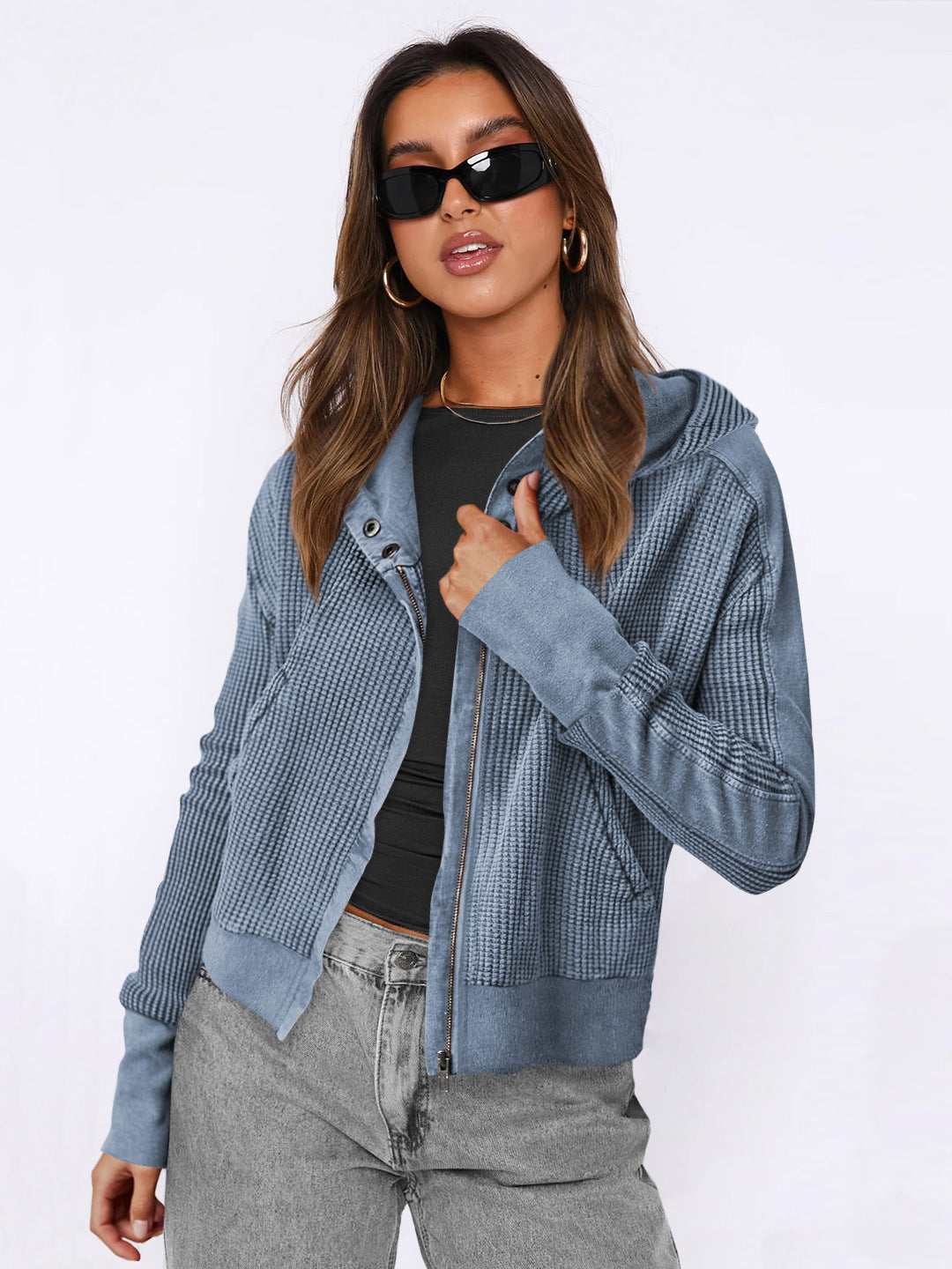 Image of Women's colorblock waffle knit zip-up jacket