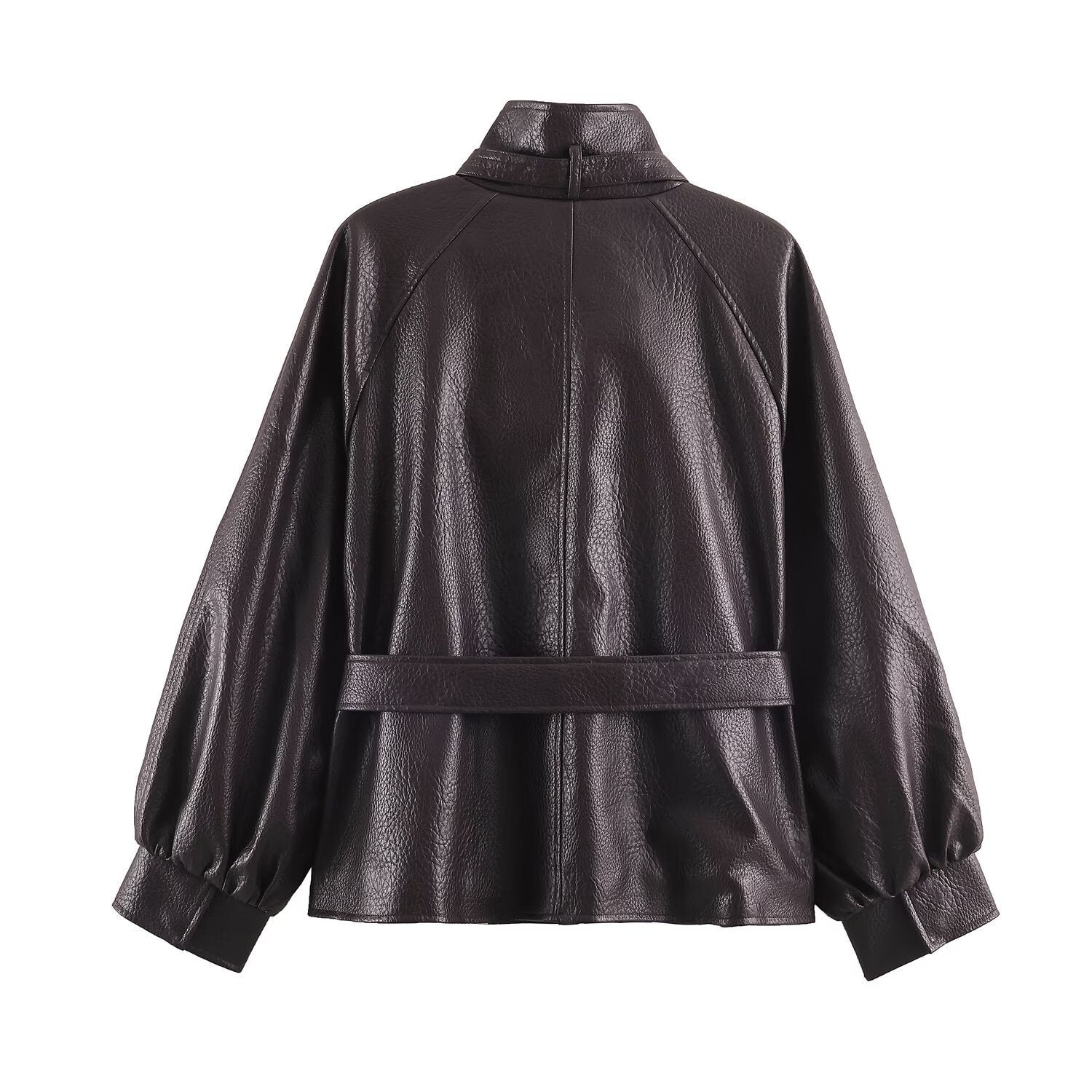 Image of Chaqueta de piel sintética marrón oscuro con cinturón