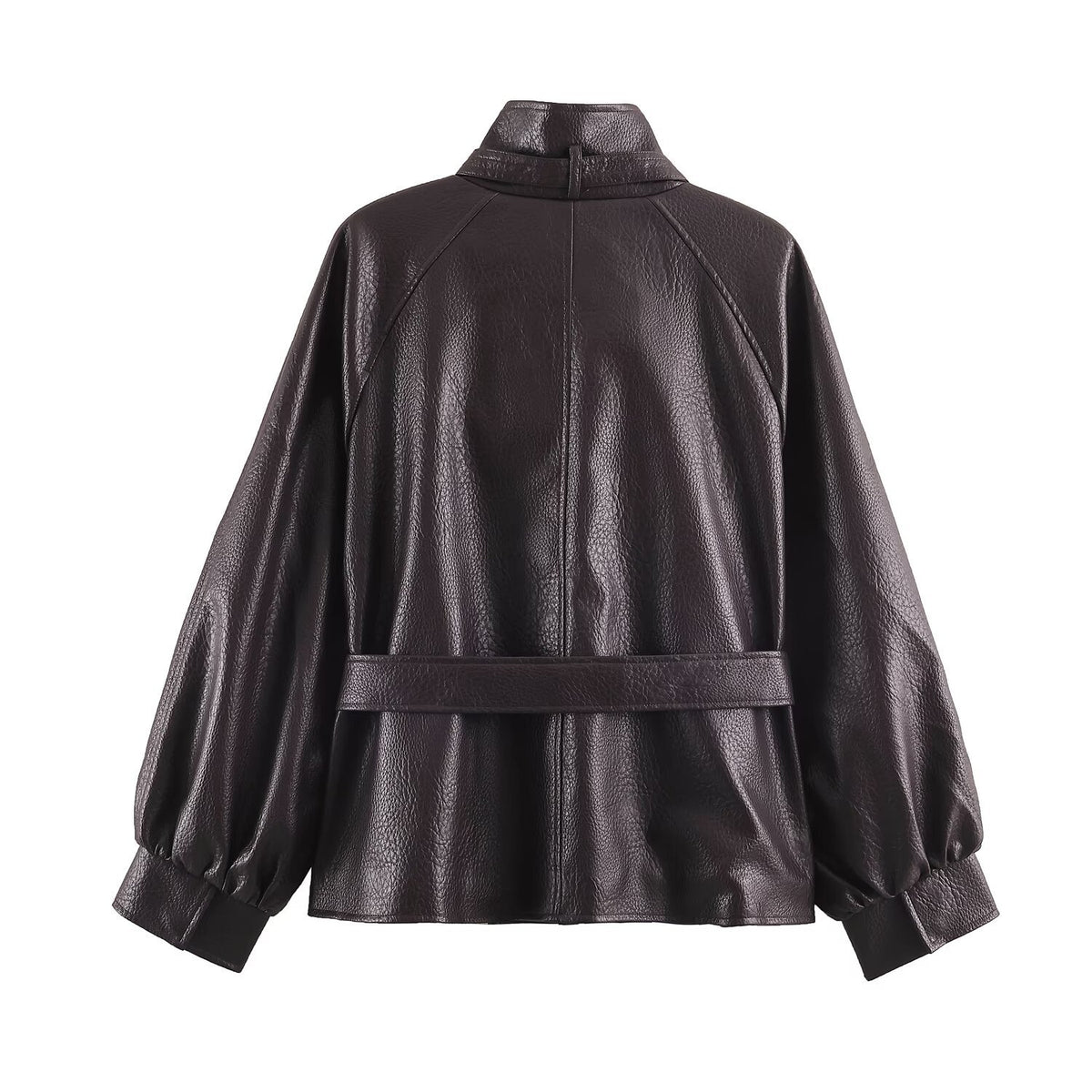 Dark brown belted faux leather jacket