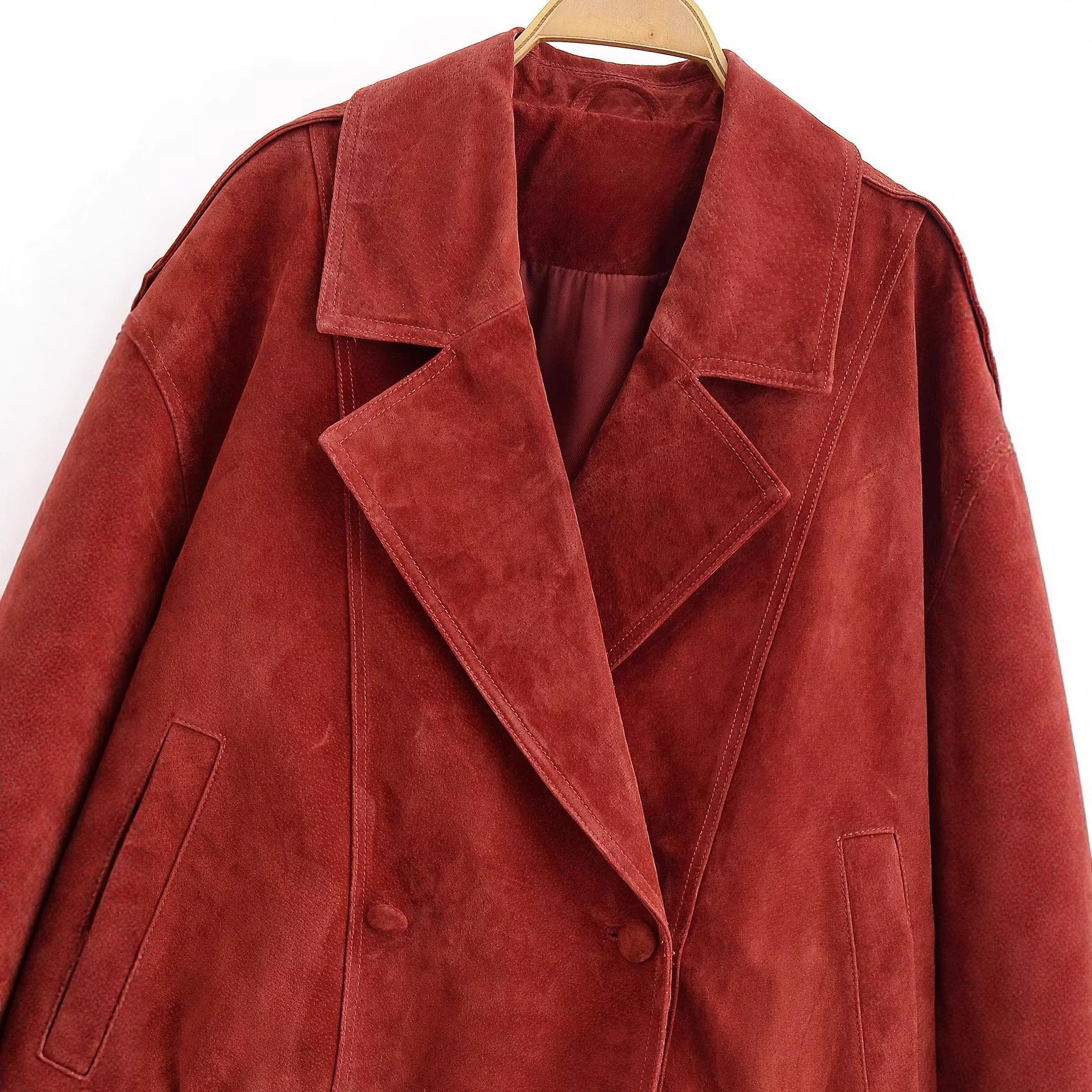 Image of Brick red double-breasted faux leather jacket