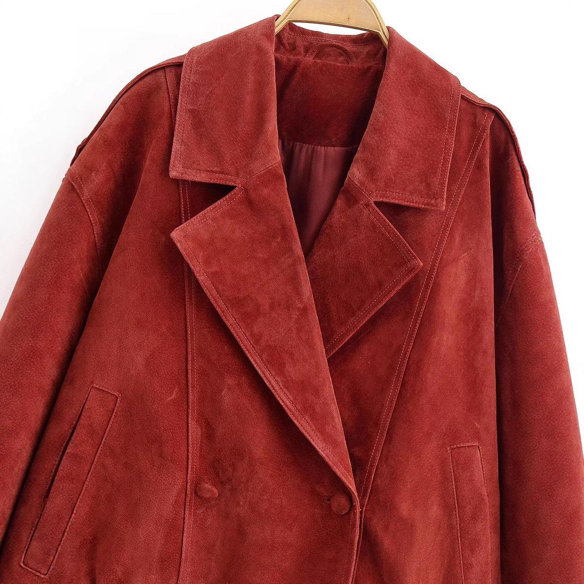 Brick red double-breasted faux leather jacket