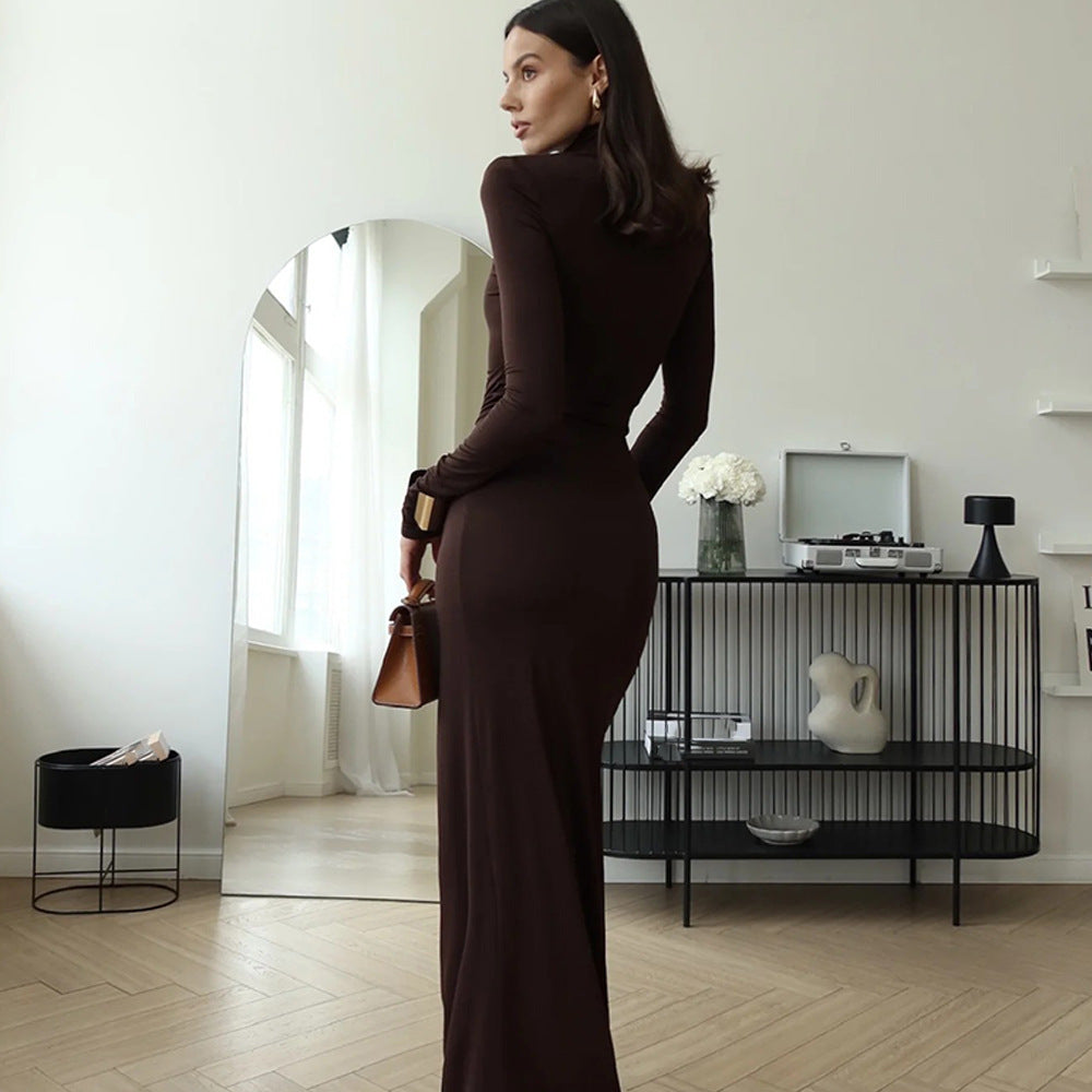 Vestido maxi de cuello alto con abertura para mujer