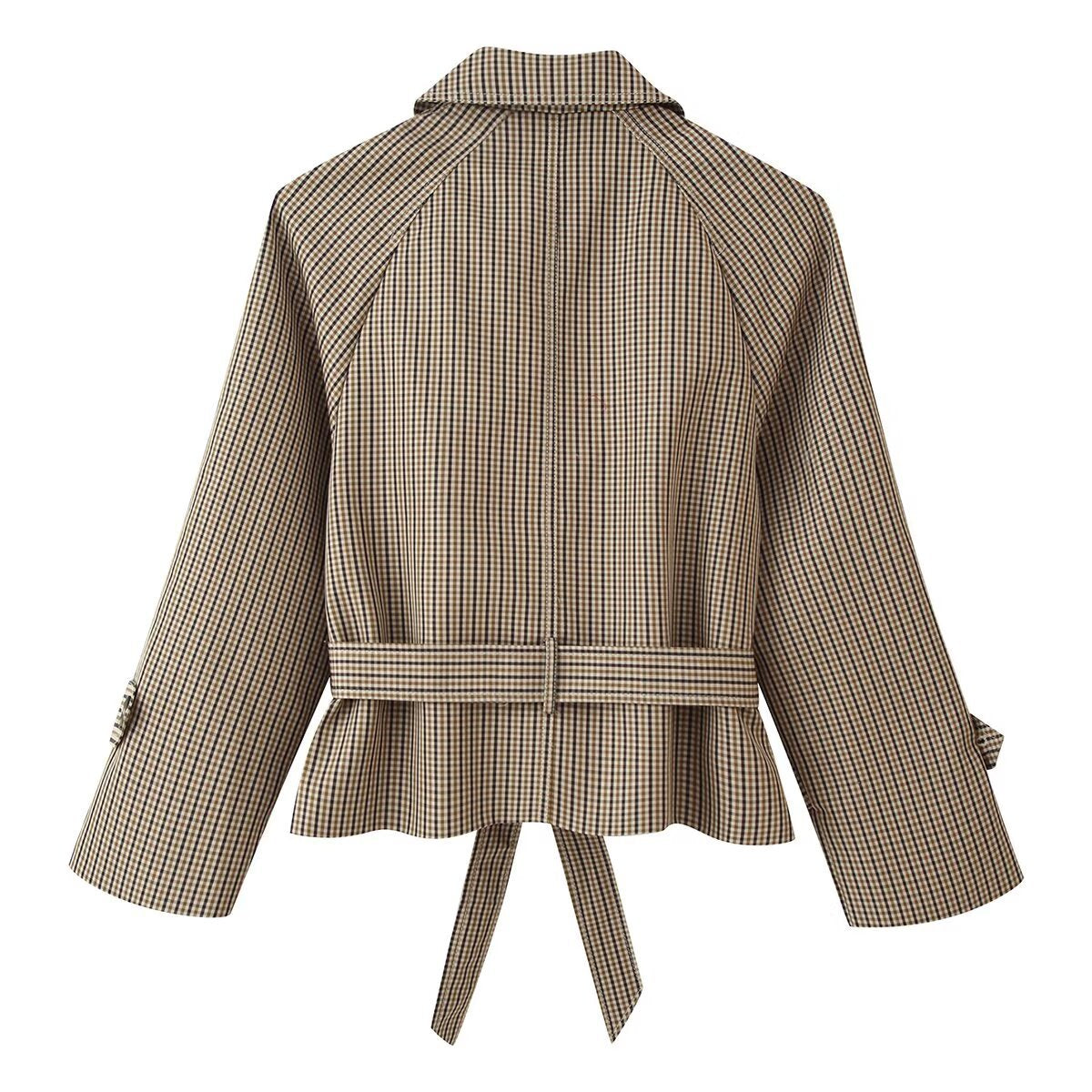 Image of Women's belted brown plaid double-breasted trench coat