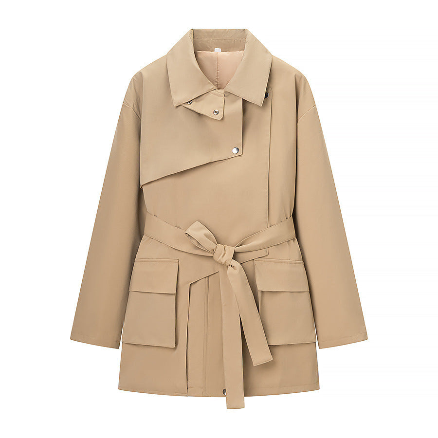 Trench coat caqui de largo medio con lazada frontal para mujer