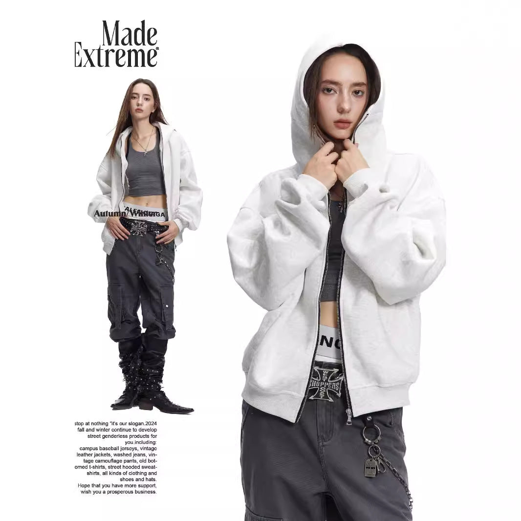 Boxy fit cotton blend zip-up hoodie
