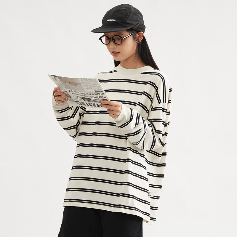 Unisex striped cotton long-sleeve crewneck t-shirt